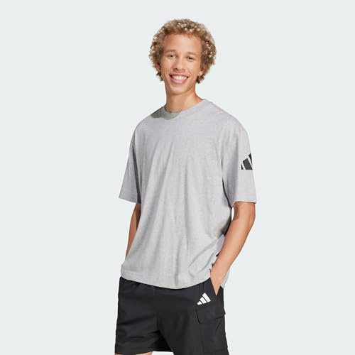 adidas Men's Essentials LOSE FIT Three BAR Tee, Medium Grey Heather/Black, L
