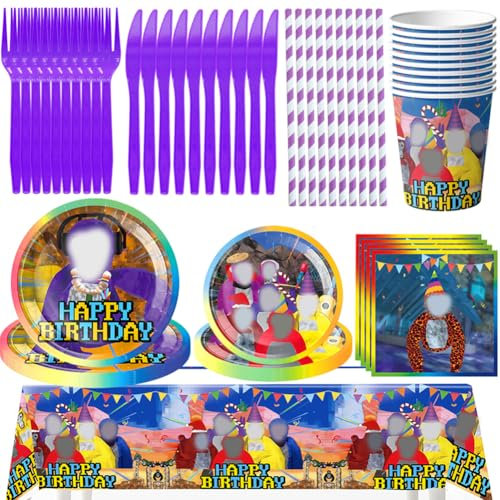 SWZY 81pcs Gorrilla Kids' Party Tableware, Party Supplies Set, Plate, Paper Cup, Tissue, Knife and Fork, Straw, Tablecloth, VR Birthday Decorations Tableware Set-10people