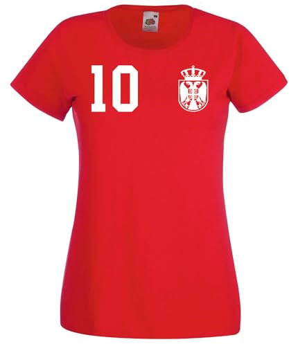 Serbien Damen T-Shirt Srbija Trikot WM 2026 Fanartikel Personalisiert mit eigenem Namen + Nummer - Rot L