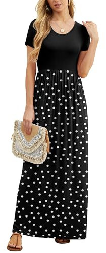 GRECERELLE Womens Maxi Dress Summer Casual Ladies Short Sleeve Crew Neck Long Dresses with Pocket for Daily, Holiday, Travel, Maternity (Polka Dots White Black, XL)