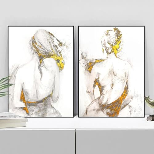 GELYX Abstrakte sexy nackte Frau mit Rücken, Goldfolie, Poster, dekorative Gemälde, Leinwand, Wandkunst, Bilder, Wohnzimmer, Heimdekoration, Drucke, 80 x 120 cm x 2, rahmenlos