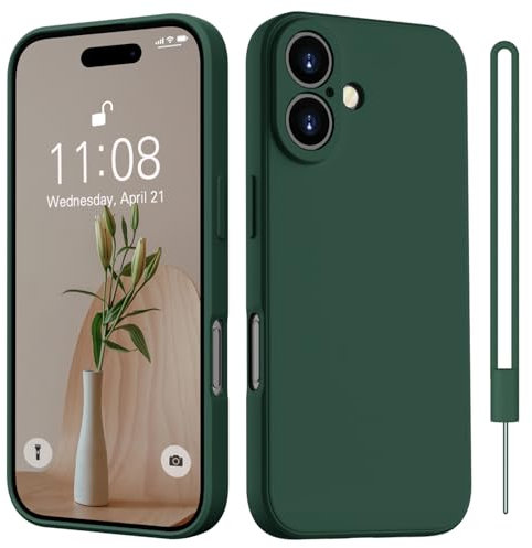 HGH für iPhone 16 Hülle Silikon mit 1 Lanyard, Handyhülle für iPhone 16 Dünn Rundumschutz mit Microfiber-Innenfutter Kratzfest Schutzhülle Case Hülle für iPhone 16 6.1 Dunkel Grün