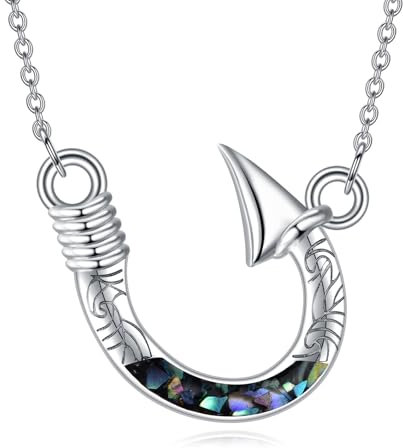 YFN Fischhaken Kette Sterling Silber Abalone Angelhaken Anhänger Halskette Hawaii Schmuck für Damen Herren Fischhaken Geschenke