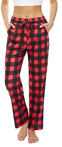 BATHRINS Freizeithose Sporthose Damen Lang Hose Unifarbe Jogginghose Schlafanzughosen Loose Fit Baumwolle mit Taschen und Verstellbarem Kordelzug(Rot Kariert,M)