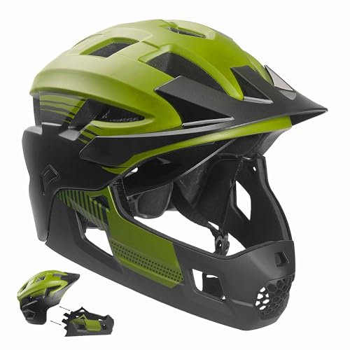 Crazy Safety Grüner Fullface Helm | 2-in-1 Helm für BMX, Mountainbike, Skaten | Kinderhelm mit abnehmbarem Kinnschutz | Motocross Fahrradhelm Größe M 54-57 cm | Sicherer Sitz