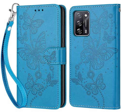 Handyhülle für Oppo A16s/A16 4G/A53S 5G/A54S Hülle, Premium Leder Flip Klappbare Stoßfeste Magnetische [Standfunktion] [Kartenfächern] Schutzhülle Tasche - Blau Schmetterling