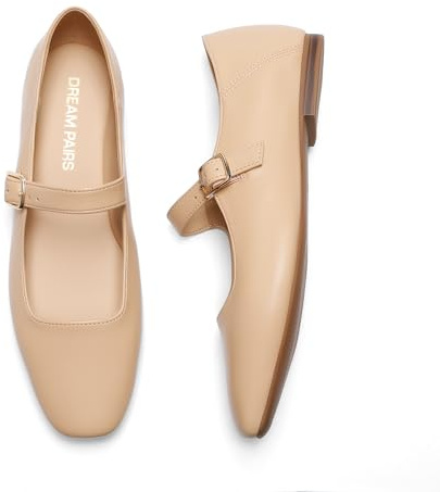 DREAM PAIRS Women's Square Toe Mary Jane Flats,Nude,6