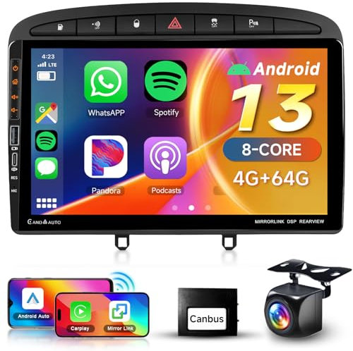 8 Core 4G+64G for Peugeot 308 Car Radio 2007-2015 with DSP Wireless Carplay Android Auto, Hodozzy 9 1280 * 720 IPS Touchscreen Android Car Stereo with Bluetooth 5.0 SWC USB/Type-C AHD Backup Camera