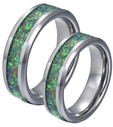Calefee Verlobungsring Paar Wolfram, Partnerringe mit Gravur 8 mm Silberner Ring mit Grüner Muschel, Damen Größe 62 und Herren Größe 60