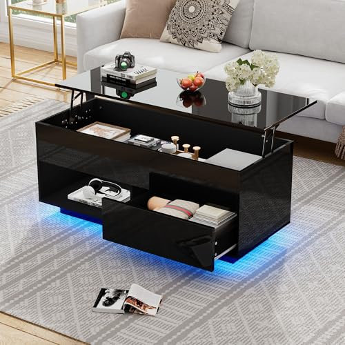 Merax Couchtisch, höhenverstellbarer Wohnzimmertisch mit LED-Beleuchtung, Kaffeetisch mit Schubladen, offener und versteckter Stauraum, Sofatisch aus Holz, Beistelltisch für Wohnzimmer, Büro, Schwarz