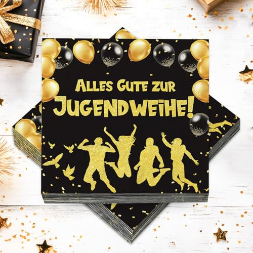 20 Stück Servietten Jugendweihe Deko, Tischdeko Jugendweihe Schwarz Gold - 33x33cm, Deko Jugendweihe Mädchen Junge Party Dekoration