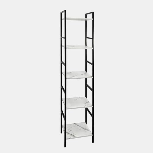 OHS 5 Tier Narrow Ladder Shelf, Home Office Living Room Narrow Bookcase Shelf Stand Slim Shelves for Bedroom Bathrooms Storage with Metal Frames, White Marble - 140 x 30 x 24cm