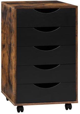 WOLTU Rollcontainer mit 5 Schubladen, mobiler Aktenschrank mit Rollen, Schubladenschrank Büroschrank Bürocontainer, Schreibtisch Unterschrank, für Büro Zuhause, Rustikales Braun, 40x66,5x40 cm