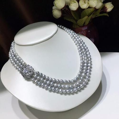Collana con 3 Fili di Perle d'Acqua Dolce Grigie Naturali da 5-6 mm, Chiusura a Fiore da 18