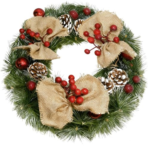 pangutheos Türkranz Weihnachten, Weihnachtskranz Haustür mit Pinien Piniennadel, Weihnachtskranz Tür mit Roten Kugeln und Beeren für Türen, Wohnzimmerwände, Fensterdekoration