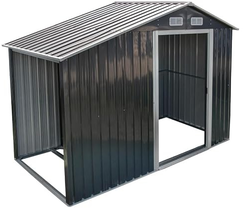 4iQ Metall Gerätehaus 3,5 m² mit Holzlager – Stahl Gartenhaus 130x279x196 cm, verzinkt, Schuppen für Werkzeug, Fahrräder & Gartengeräte, Anthrazit