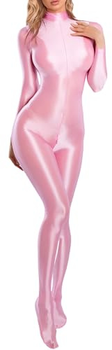 FEOYA Damen Glänzendes Bodysuit Einteiler Overall Wetlook Bodystocking mit Reisverschluss Ganzkörperanzug Langarm Sportbody Rosa XL