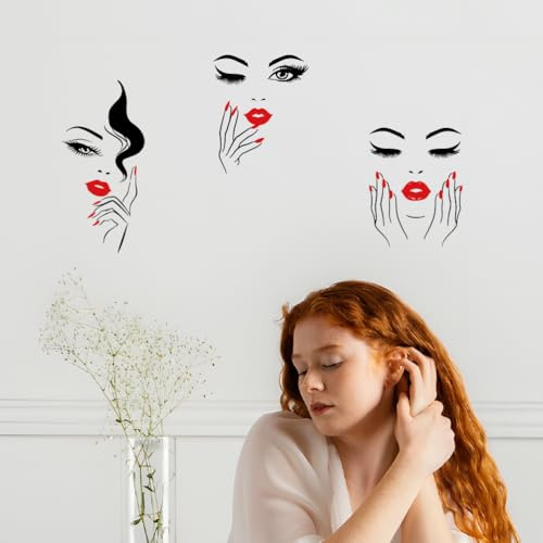 SUPERDANT Woman with Red Lips Wall Stickers Red Nails Wall Decals Walls Art Stickers DIY Vinyl Decor Line Women Decals Art Decor for Beauty Nail Salon Makeup Store 30x96cm