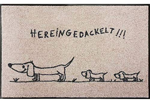 Salonloewe Fußmatte waschbar 50x75 cm Hereingedackelt Family beige mit Motiv Dackel Familie Schmutzfangmatte Fußabtreter Sauberlaufmatte Türvorleger Hunde