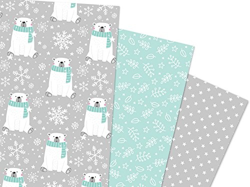 KuschelICH Geschenkpapier Weihnachten Bogen 6er Set Eisbär - 6 Bogen á 50 x 70cm - Lieferung gerollt ohne Falz (grau-türkis)