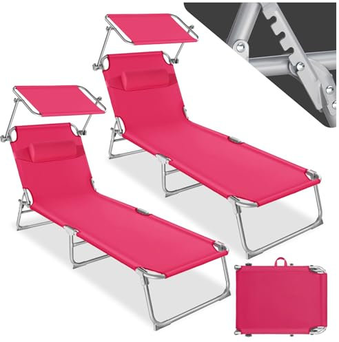 tectake 2er Set Sonnenliege - leicht und klappbar, leichte Liege für Camping und Garten, Perfekter Liegestuhl mit Dach, transportable und zusammenklappbar mit Griff