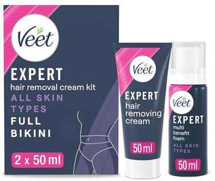 Veet Expert Haarentfernungs-Set, Haarentfernungscreme, Alle Hauttypen für Bikini & Intimbereich, 2x50 ml