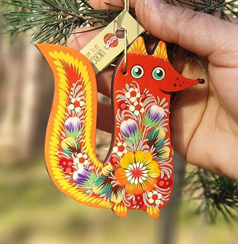 Lustuger Tiere Christbaumschmuck aus Holz 9.5 х 8.5 х 0.5 cm Fuchs Weihnachtsschmuck Beidseitig Handbemalt - Ukrainischer Petrykiwka-Malerei