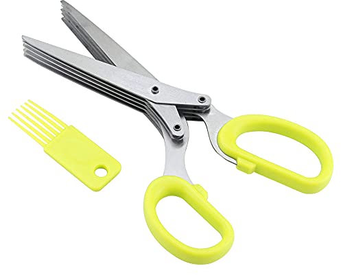 Ciseaux à fines herbes, ciseaux de cuisine polyvalents en acier inoxydable à 5 couches, outil déchiqueté à l'échalote et aux sushis avec peigne de nettoyage,Hachoir Multi Lames (Jaune)