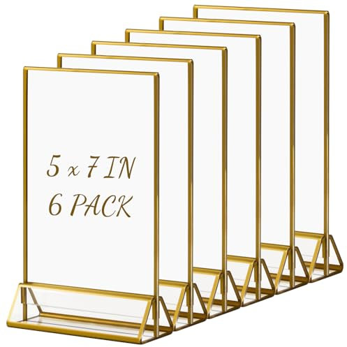 Boxalls Goldener doppelseitiger Bilderrahmen- 6 Pack, 13x18 cm Acryl klar Bild Tischkartenhalter vertikale Stand, Aufsteller im Staffelei-Stil Menü Halter Display für Hochzeit Tischnummer, Foto