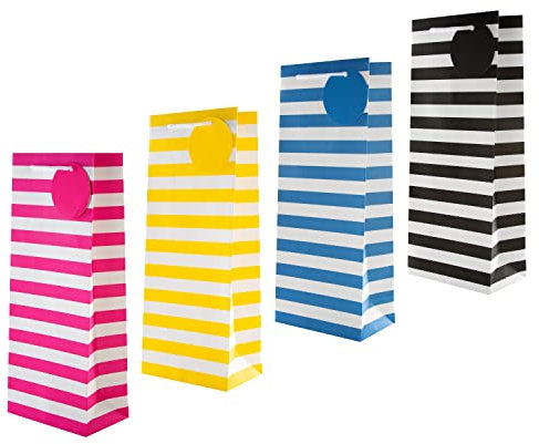 Hallmark Multi Occasion Bottle Bags Bundle - 4 Bags in 1 Contemporary Design (1 Yellow, 1 Pink, 1 Blue and 1 Black)