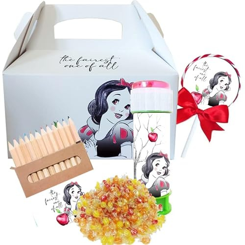 Gift Box Scatoline gadget fine festa a tema personaggio a scelta con lecca lecca caramelle bolle di sapone pastelli e adesivi cotillon fai da te dono regalo candy party bag (Biancaneve)