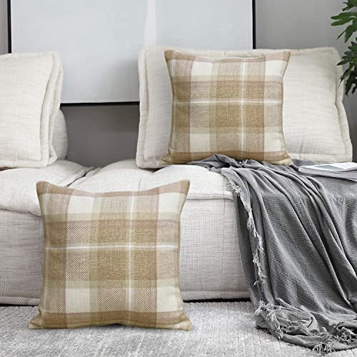 always4u Tartan Cushion Covers Check Pillows Chair Decoration Square Scotland Style 45x45 Classic and Durable For Sofas & Bedroom Set of 2 Beige 18 * 18 Inches