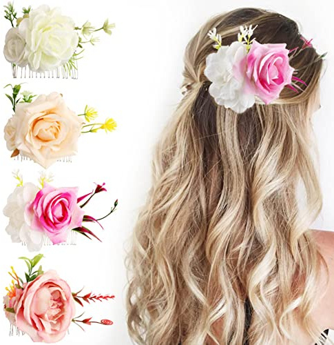 Haarkämme aus Metall mit künstlichen Blumen, mit Zähnen, Rosenblüten, Haarkämme, Seitenschiene, Haarnadeln, Kopfbedeckung für Frauen, florale Haarnadeln, Braut, Brautjungfer, Haarspangen, 4 Stück