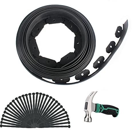 BeGrit Rasenkante Kunststoff 10m Flexible Rasenkante Höhe 5cm Garten Beeteinfassung Rasenbegrenzung Rasenkanten Rolle mit 30 Befestigungsnägel Hammer für Pfad Palisade Blumenbeet Kopfsteinpflaster