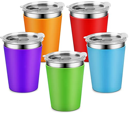 Yummy Sam 5 Pack Kids Cups with Lids 12oz Stainless Steel Water Drinking Bottle with Non-Slip Heat Insulation Full Sleeves for Children Adult School Outdoor Home Use