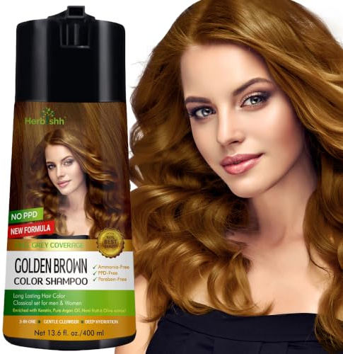 Herbishh Champú para color de cabello para cabello gris – Champú de color enriquecido Fórmula de tinte para el cabello – Champú y acondicionador para tinte para el cabello (marrón dorado)