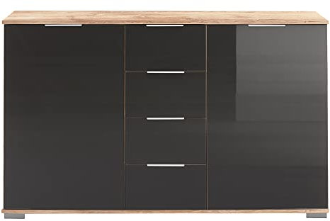 Lomadox Schlafzimmer Sideboard in Plankeneiche Nb. mit grauem Glas, B/H/T ca. 130/83/41 cm