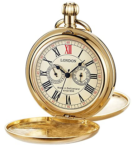 Tiong Gold Smooth Double Open Cover Men's Mechanical Pocket Watch, Double Cover Roman Dial Mechanical Pocket Watches with Chain for Men