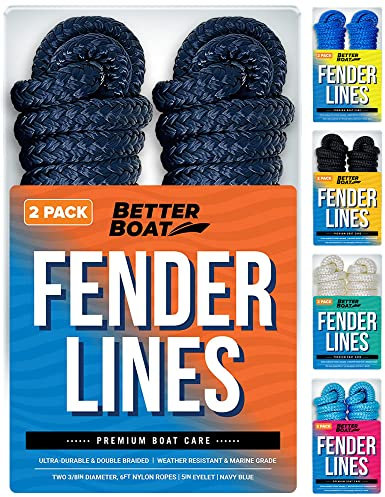 Boat Fender Lines, 3/8 Inch Double Braided Nylon Rope, 6 Ft with Loop, 2 Pack, Navy Blue, for Buoy, Jet Ski Mooring, Docking & Small Boat Bumpers