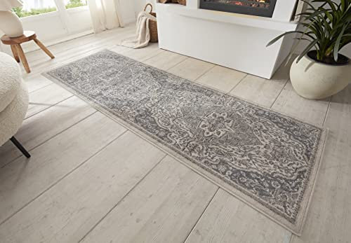 Hanse Home Orken Teppich Orientalisch –Kurzflor Vintage Wohnzimmerteppich Weicher Orient-Teppich ÖKO-TEX Läufer für Schlafzimmer, Esszimmer, Wohnzimmer, Flur, Küche – Creme Grau, 80x200cm