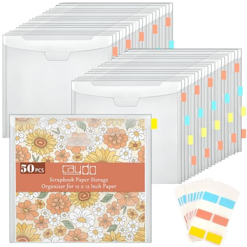 Caydo SC-022S Scrapbook-Papieraufbewahrung mit Schnallen-Design, transparenter Scrapbook-Papier-Organizer mit 120 Stück Haftindex-Tabs für 30,5 x 30,5 cm, Scrapbook-Papier, Vinylpapier, Fotos, 50