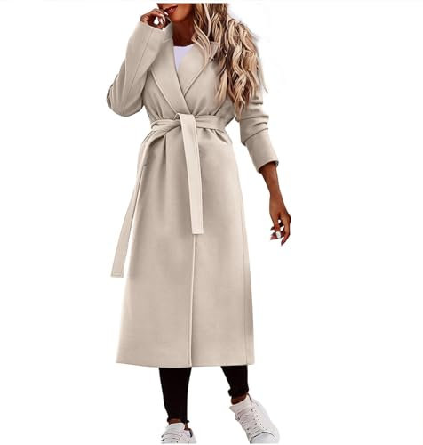 Wintermantel Damen Lang Mit Gürtel - Warm Klassischer Mantel Elegant Jacken Wollmantel Old Money Aesthetic Women Clothes Business Outfit Beige S