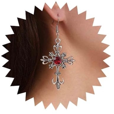 Inilbran Boho Kreuz Tropfen Ohrringe Vintage Rubin Kreuz Ohrringe Gothic Kristall Kreuz Religiöse Ohrring Silber Kristall Edelstein Kreuz Kruzifix Ohrringe Für Frauen Und Mädchen