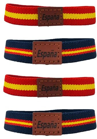 Pulsera España, Pulsera con la Bandera de España para hombre, PACK 4Unds, Pulsera de Tela Elástica para Hombre y Mujer, Pulsera Elástica con Trozo de Cuero