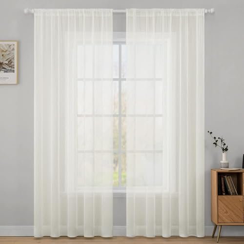 MIULEE Voile Vorhang Weihnachtsdeko Transparente Gardine aus Voile Einfarbig Stangendurchzug Wohnzimmer Luftig Dekoschal für Schlafzimmer 2er Set 200 x 140cm (H x B), Rod Pocket Elfenbein