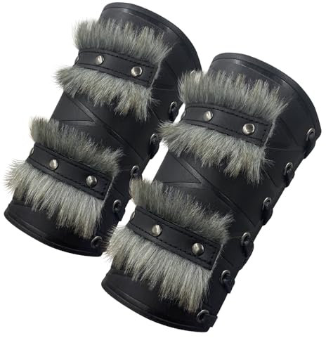 HiiFeuer Nordic Viking Barbarian Arm Guards, Medieval Artificial Fur Gauntlets, Vintage Faux Leather Bracers for LARP (Black A)