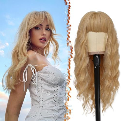 BARSDAR Lange Perücke Blonde mit Pony, 66cm Lange Gewellte Perücke mit Pony für Frauen Synthetische Haar Perücken Natürliches Aussehen Täglich Cosplay Party Halloween