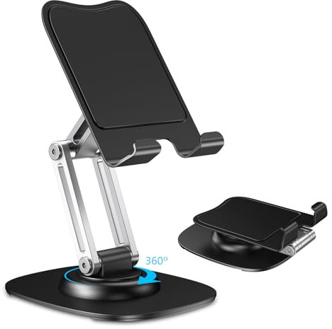 CreaDream Cell Phone Stand for Desk, Aluminum Phone Holder with 360 Rotating Metal Base, Foldable & Portable Desktop Phone Holder Compatible with iPhone 17 16 15 14 Pro Samsung All 4.7-8 inch Phones