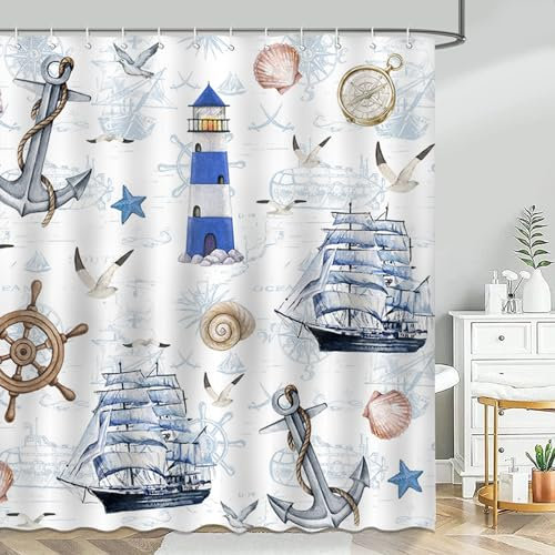 Avezano Nautical Sailboat Shower Curtain Lighthouse Compass Anchor Bathroom Shower Curtain Nautical Waterproof Bathtub Curtain Decor with 12 Hooks 72 X 72 Inches