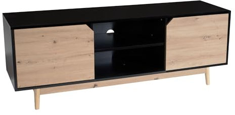 FineBuy Lowboard Schwarz Eiche-Dekor 150x55x40 cm TV-Kommode Modern, Design TV-Schrank Hoch, Fernsehtisch Fernsehschrank mit Zwei Türen, Fernsehkommode Wohnzimmer